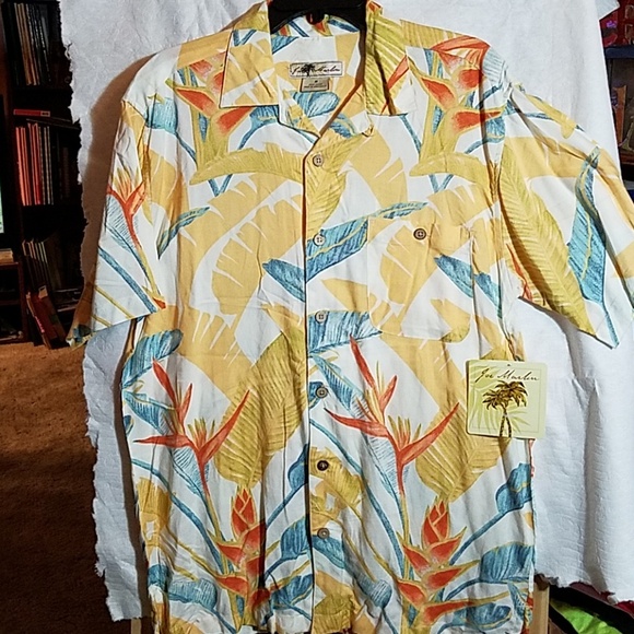 Joe Marlin Tropical Shirt Yellow Orange Teal Floral - Picture 1 of 7